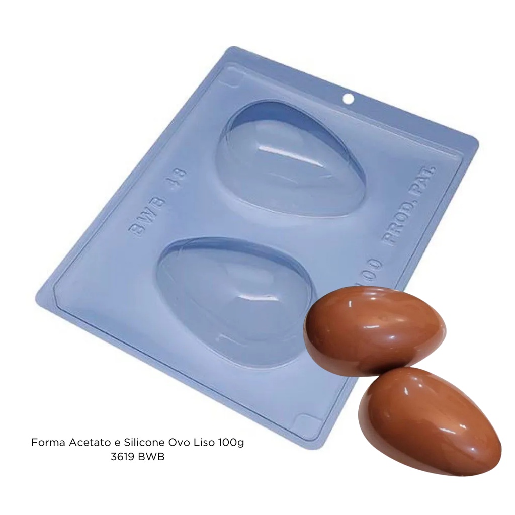 15457420945-br-11134201-23010-cr837qbimylv9d.jpg FORMA PARA CHOCOLATE EM ACETATO COM SILICONE 3 PARTES OVO LISO 100g - BWB - Imagem 1