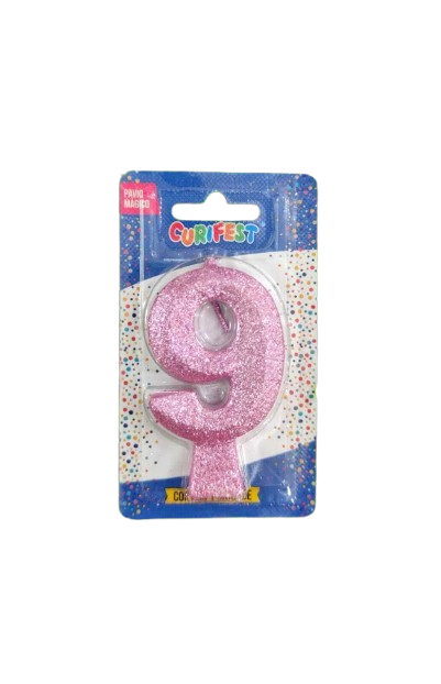VELA DE ANIVERSÁRIO CONCEPT GLITTER ROSA BEBE N 9- CURIFEST