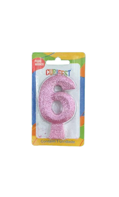 VELA DE ANIVERSÁRIO CONCEPT GLITTER ROSA BEBE N 6- CURIFEST