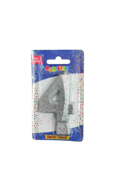 VELA DE ANIVERSÁRIO CONCEPT GLITTER PRATA NÚMERO 4 - CURIFEST