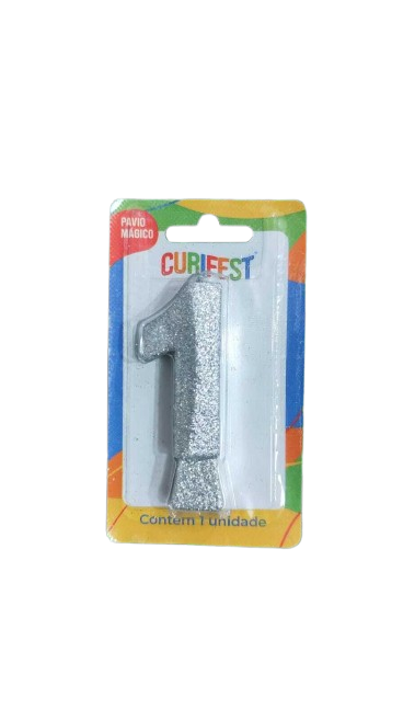 VELA DE ANIVERSÁRIO CONCEPT GLITTER PRATA NÚMERO 1 - CURIFEST