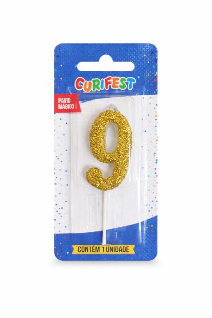 VELA DE ANIVERSÁRIO  SINGLE GLITTER DOURADA N 9 -CURIFEST