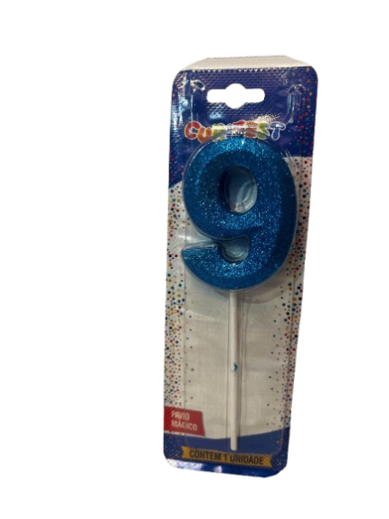 VELA DE ANIVERSÁRIO CONCEPT GLITTER AZUL NÚMERO 9  - CURIFEST
