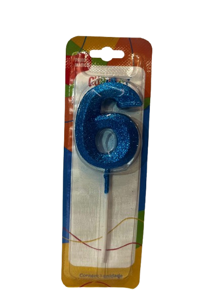 VELA DE ANIVERSÁRIO CONCEPT GLITTER AZUL NÚMERO 6  - CURIFEST