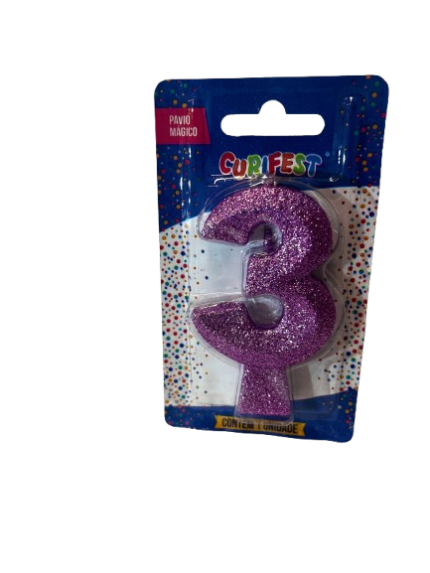 VELA DE ANIVERSÁRIO CONCEPT GLITTER LILÁS NÚMERO 3 - CURIFEST