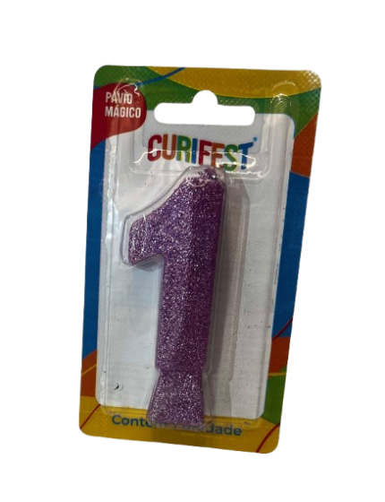 VELA DE ANIVERSÁRIO CONCEPT GLITTER LILÁS NÚMERO 1 - CURIFEST