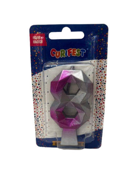 VELA DE ANIVERSÁRIO DIAMOND PRATA COM ROSA NÚMERO 8 - CURIFEST