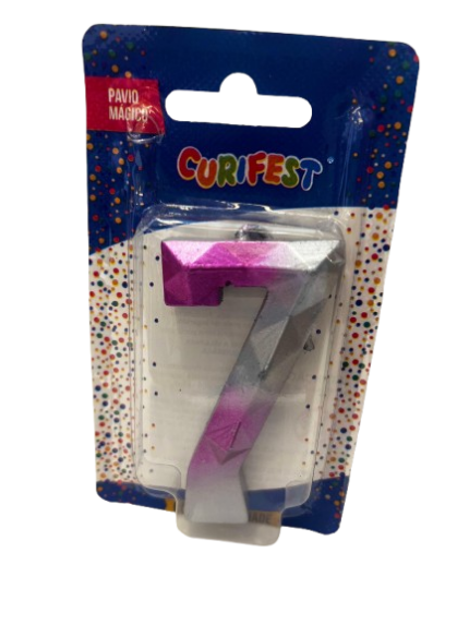 VELA DE ANIVERSÁRIO DIAMOND PRATA COM ROSA NÚMERO 7 - CURIFEST