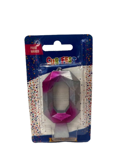 VELA DE ANIVERSÁRIO DIAMOND PRATA COM ROSA NÚMERO 0 - CURIFEST