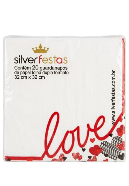 GUARDANAPO DE PAPEL ESTAMPADO LOVE COM 20 UNIDADES- SILVER PLASTIC