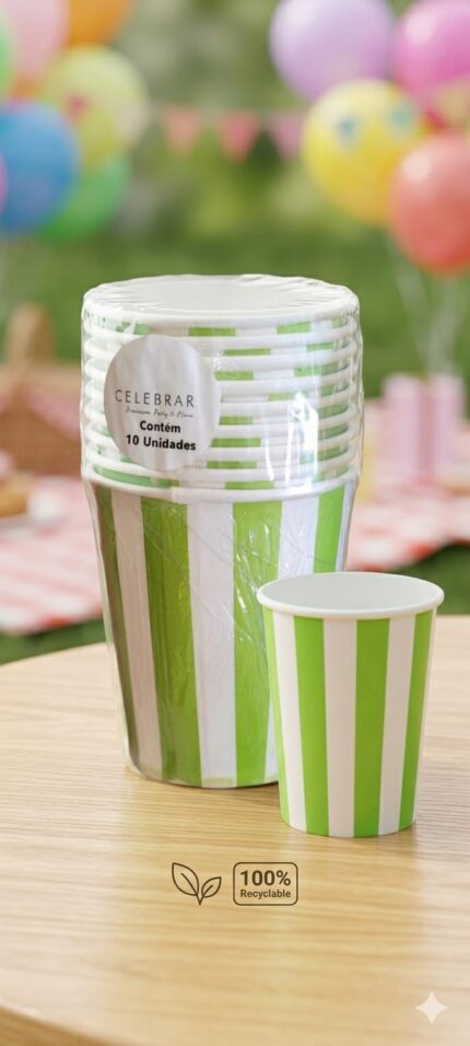 COPO DE PAPEL LISTRA VERDE CLARO 10UN - CELEBRAR