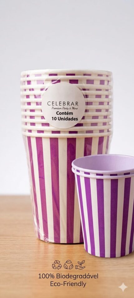 COPO DE PAPEL LISTRA ROXA 10UND - CELEBRAR