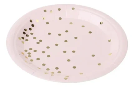 PRATO DE PAPEL CONFETES DOURADOS ROSA BEBÊ 18CM C/ 10UN - SILVER PLASTIC
