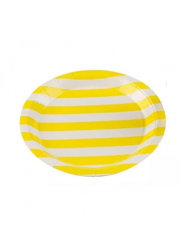 15567585404-prato-e-copo-de-papel-listras-amarelo-10-unidades-de-cada.jpg PRATO DE PAPEL LISTRADO AMARELO E BRANCO 18CM C/ 10UN - SILVER PLASTIC - Imagem 1