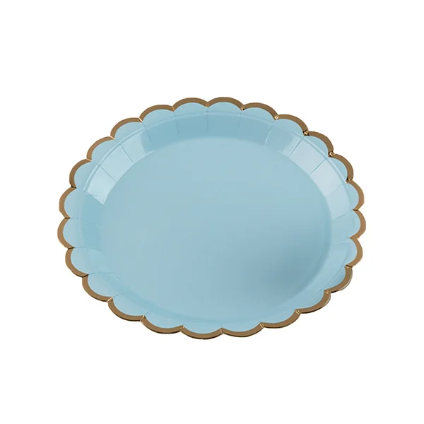 15567591696-prato-borda-dourada.webp PRATO DE PAPEL AZUL BEBÊ COM BORDA DOURADA 18CM C/ 10UN - SILVER PLASTIC - Imagem 1