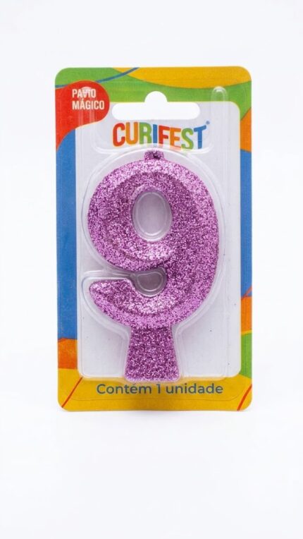 VELA DE ANIVERSÁRIO CONCEPT GLITTER LILÁS NÚMERO 9 - CURIFEST