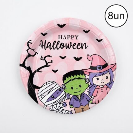 PRATO DE PAPEL ROSA MONSTROS HAPPY HALLOWEEN 18CM C/ 8UN