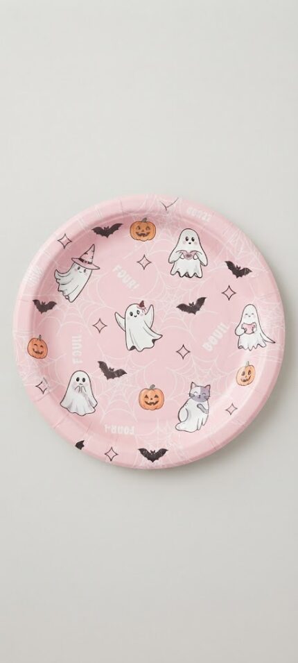 PRATO DE PAPEL ROSA FANTASMA BOOO HALLOWEEN 18CM C/8UN