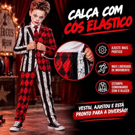 KIT FANTASIA INFANTIL PARA HALLOWEEN CORINGA (1 GRAVATA, 1 BLAZER E 1 CALÇA)