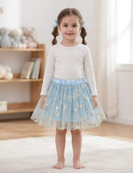 SAIA DE TULE COM BRILHO DOURADO 40CM - AZUL CLARO